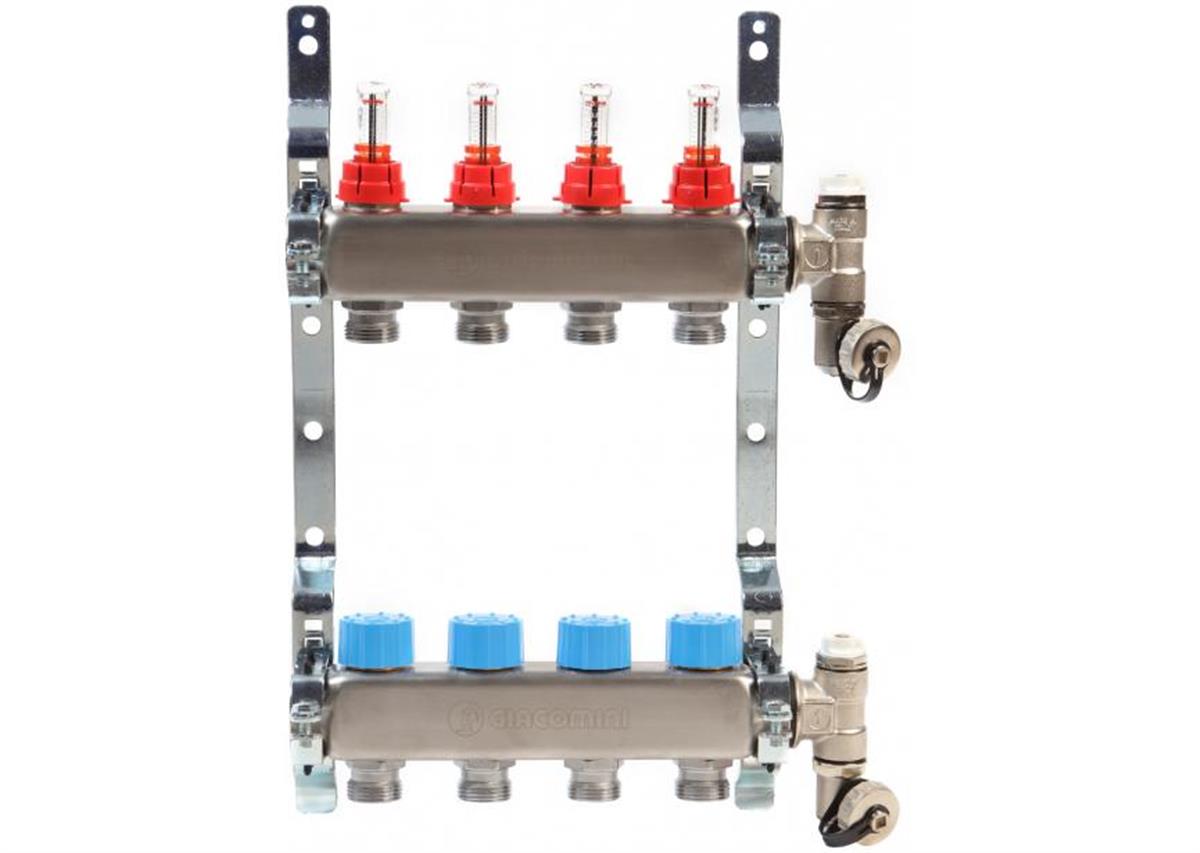 Giacomini vloerverwarming (8/24) inox verdeler 4/4 met 4 uitgangen 3/4 eurocone zonder koppelingen.